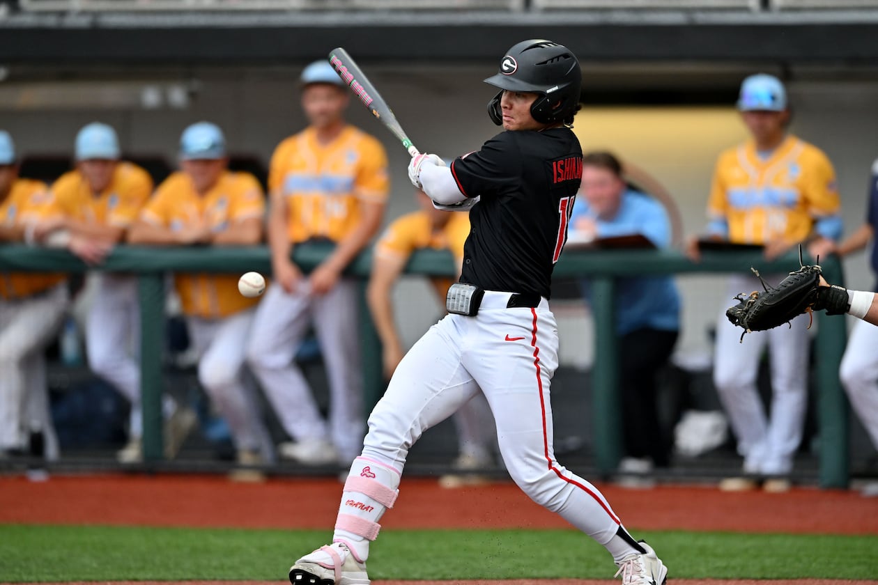 Georgia Kenny Ishikawa hits a single, but advanced to third base on a throwing error during the third inning of their NCAA Regional game at Foley Field, Friday, May 29, 2026, in Athens. (Hyosub Shin/AJC)