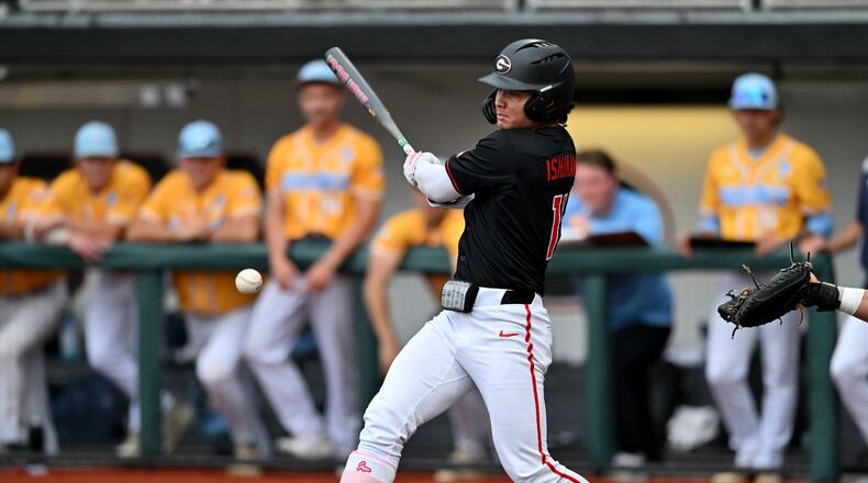 Georgia Kenny Ishikawa hits a single, but advanced to third base on a throwing error during the third inning of their NCAA Regional game at Foley Field, Friday, May 29, 2026, in Athens. (Hyosub Shin/AJC)