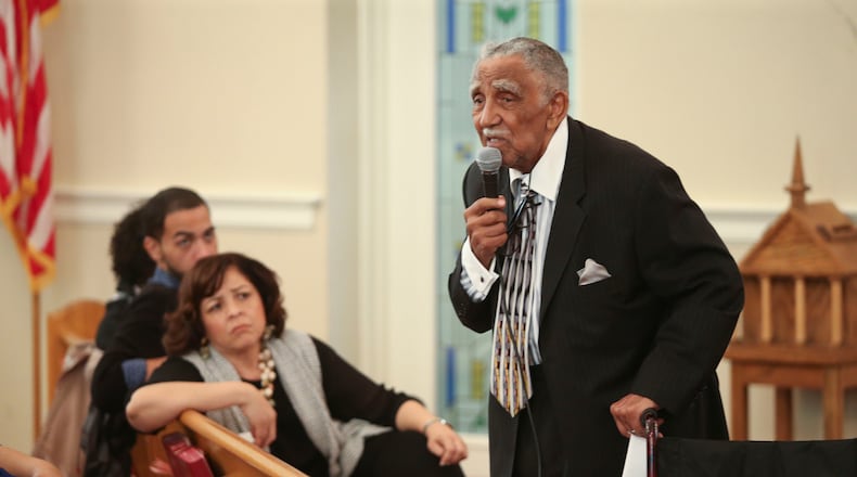 May 18, 2014 - Atlanta, Ga: Rev. Joseph Lowery speaks during the "Bring Back Our Girls" prayer vigil at the Central United Methodist Church Sunday, May 18, 2014, in Atlanta. Rev. Lowery led the event which was behalf of the nearly 300 Nigerian girls kidnapped a month ago from their school. Following the event 230 balloons were released in memory of the girls. PHOTO / JASON GETZ The Rev. Joseph Lowery at a prayer vigil at the Central United Methodist Church in May 2014. AJC/Jason Getz