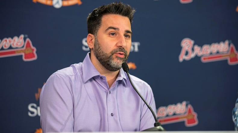 10/10/2019 -- Atlanta, Georgia --Atlanta Braves general manager Alex Anthopoulos answers questions during a presser a day following the Atlanta Braves loss to the St. Louis Cardinals in the NLDS at SunTrust Park in Atlanta, Thursday, October 10, 2019.  (Alyssa Pointer/Atlanta Journal Constitution)