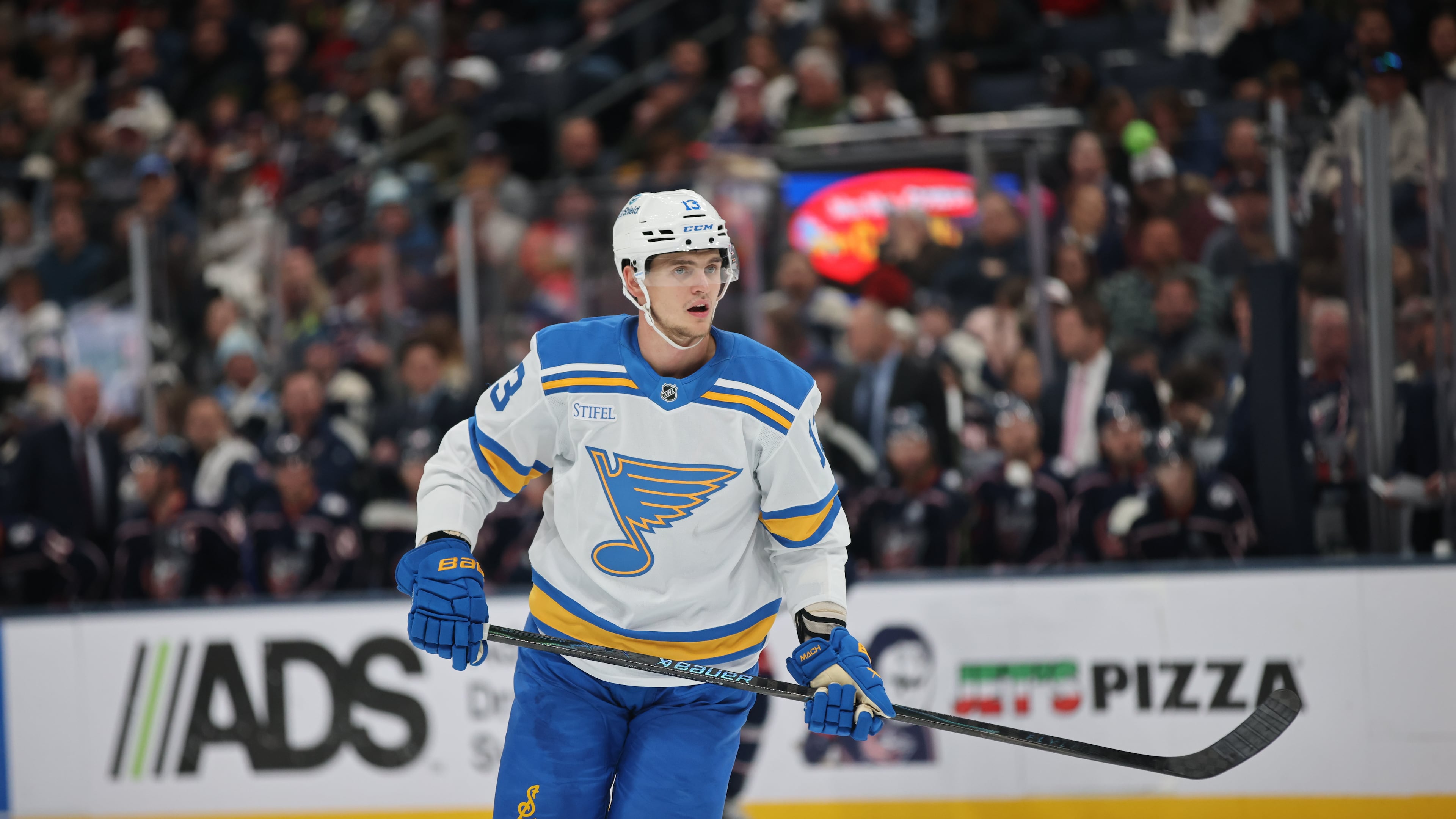 FILE - St. Louis Blues forward Alexei Toropchenko skates during an NHL hockey game against the Columbus Blue Jackets in Columbus, Ohio, Nov. 1, 2025. (AP Photo/Paul Vernon, File)