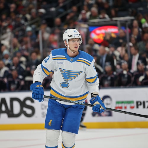 FILE - St. Louis Blues forward Alexei Toropchenko skates during an NHL hockey game against the Columbus Blue Jackets in Columbus, Ohio, Nov. 1, 2025. (AP Photo/Paul Vernon, File)