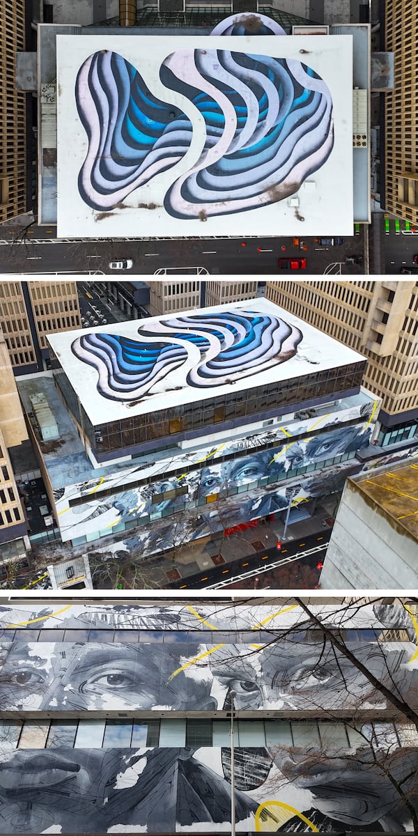 Above, atop a Peachtree Center building, is “Paradigm Shift” by Polish-German artist 1010. Just below it is "Symphony," by French artist Hopare. (Courtesy of Arthur Rudick)