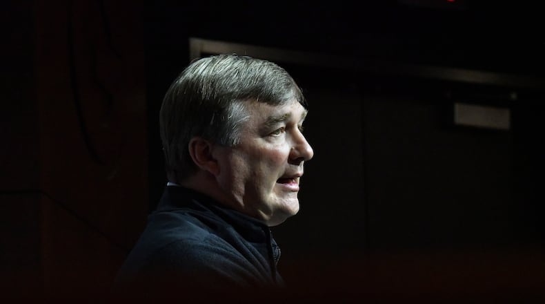 University of Georgia football coach Kirby Smart, shown at a news conference in March, addressed off-field issues surrounding his team in an interview Tuesday. (Hyosub Shin / Hyosub.Shin@ajc.com)
