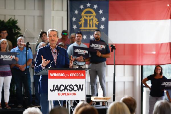 Republican nominee for governor Rick Jackson speaks at the first rally of his general election campaign at Meadows at Mossy Creek in Cleveland last month. (Arvin Temkar/AJC)
