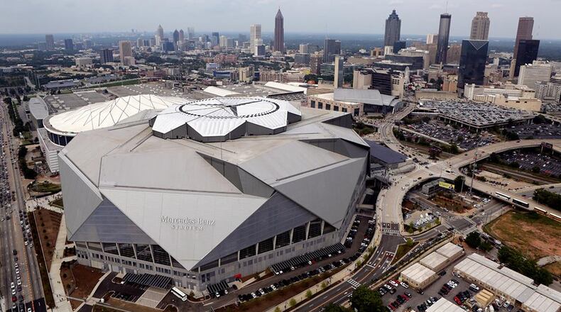 Aerial view of Mercedes-Benz Stadium in Atlanta. (Akili-Casundria Ramsess/For the AJC)