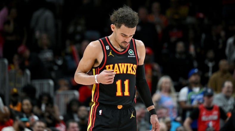 Atlanta Hawks' guard Trae Young (11) reacts at the end of the 4th quarter in Game 6 of the first round of the Eastern Conference playoffs at State Farm Arena, Thursday, April 27, 2023, in Atlanta. Boston Celtics won 128-120 over Atlanta Hawks. (Hyosub Shin / Hyosub.Shin@ajc.com)