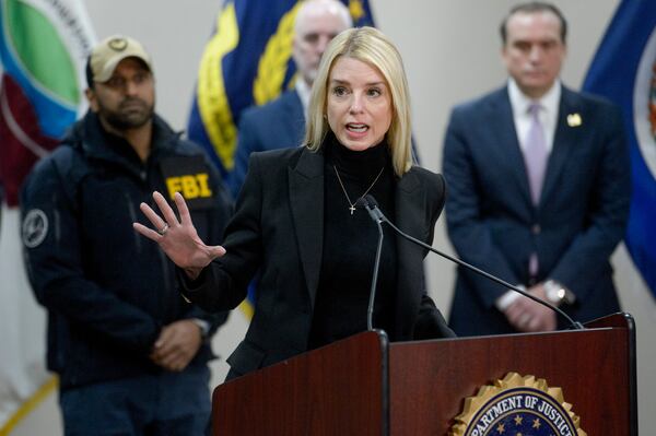Attorney General Pam Bondi speaks about a 24 year-old MS-13 gang leader who was arrested in an operation by the Virginia Homeland Security Task Force in Dale City, VA., on March 27, 2025, during a news conference at the Manassas FBI Field Office, Thursday, March 27, 2025, in Manassas, VA. (AP Photo/Rod Lamkey)