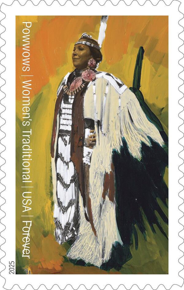 This image provided by the U.S. Postal Service shows one of the postage stamps in a new series commemorating Native American powwows. (U.S. Postal Service via AP)