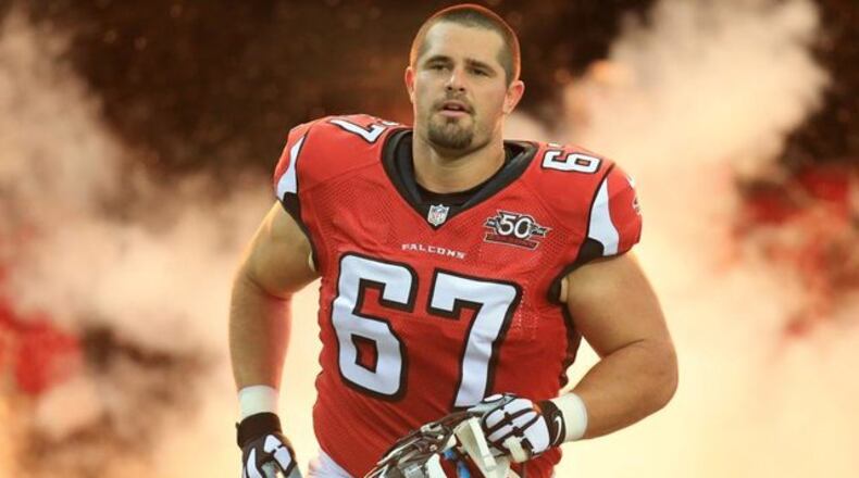 <p>Falcons guard Andy Levitre takes the field to play the Redskins during their football game on Sunday, Oct. 11, 2015, in Atlanta. (Photo: Curtis Compton, AJC)</p>