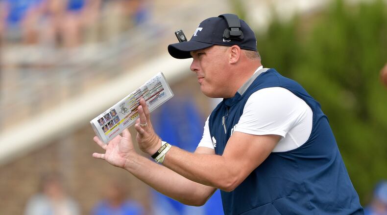Head coach Geoff Collins of the Georgia Tech Yellow Jackets  reacts during the first half of their game against the Duke Blue Devils at Wallace Wade Stadium on October 12, 2019 in Durham, North Carolina. (Photo by Grant Halverson/Getty Images)