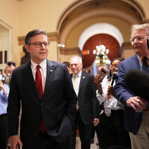 Speaker of the House Mike Johnson, R-La., with House Majority Leader Steve Scalise, R-La., speaks to reporters as he heads to the chamber, at the Capitol in Washington, Wednesday, July 2, 2025. (J. Scott Applewhite/AP)