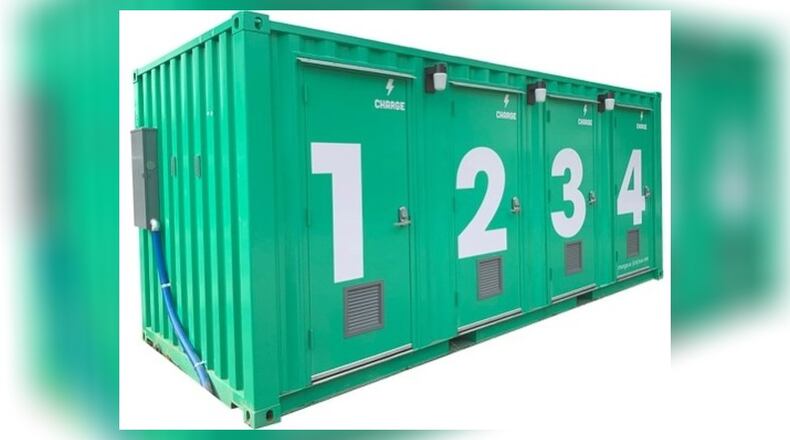 In an effort to reduce e-scooter clutter on Atlanta’s roads, micromobility company Charge installed a massive charging station in downtown Atlanta, which often sees a high influx of scooter riders. Pictured is a rendering of the chaging hub. (CREDIT: GETCHARGED)