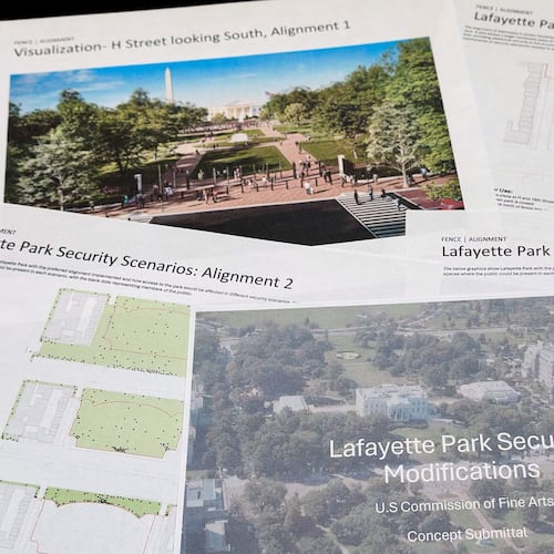 Part of a proposal to improve security at Lafayette Park, across from the White House, is photographed Wednesday, July 15, 2026, before a meeting on July 16 of the U.S. Commission of Fine Arts. (AP Photo/Jon Elswick)