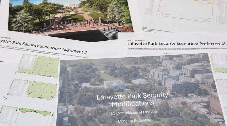 Part of a proposal to improve security at Lafayette Park, across from the White House, is photographed Wednesday, July 15, 2026, before a meeting on July 16 of the U.S. Commission of Fine Arts. (AP Photo/Jon Elswick)