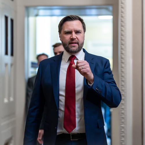 Vice President JD Vance arrives to speak with reporters after emerging from a closed-door meeting with Senate Republicans at the Capitol in Washington, Tuesday, Oct. 28, 2025. (AP Photo/J. Scott Applewhite)