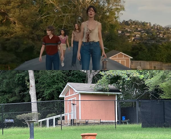 The distinctive shed behind the Platt home in "The End of Oak Street" shot in 2024 is still there off Wisteria Lane in Southwest Atlanta two years later. (Credit: Top, courtesy of Warner Brothers, bottom, Rodney Ho/AJC)