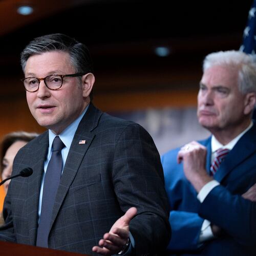 Speaker of the House Mike Johnson, R-La., speaks during a news conference at Capitol Hill, Tuesday, Feb. 10, 2026, in Washington. (AP Photo/Jose Luis Magana)