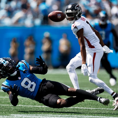 Carolina Panthers cornerback Jaycee Horn breaks up a pass intended for Atlanta Falcons wide receiver Darnell Mooney during the first half of an NFL football game, Sunday, Sept. 21, 2025, in Charlotte, N.C. (Rusty Jones/AP)