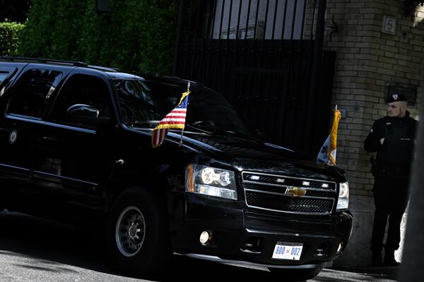 The motorcade of U.S. Vice President JD Vance departs his Vice-Presidential quarters en route to Vatican, in Rome, Italy, Saturday, April 19, 2025. (Kenny Holston/Pool Photo via AP)