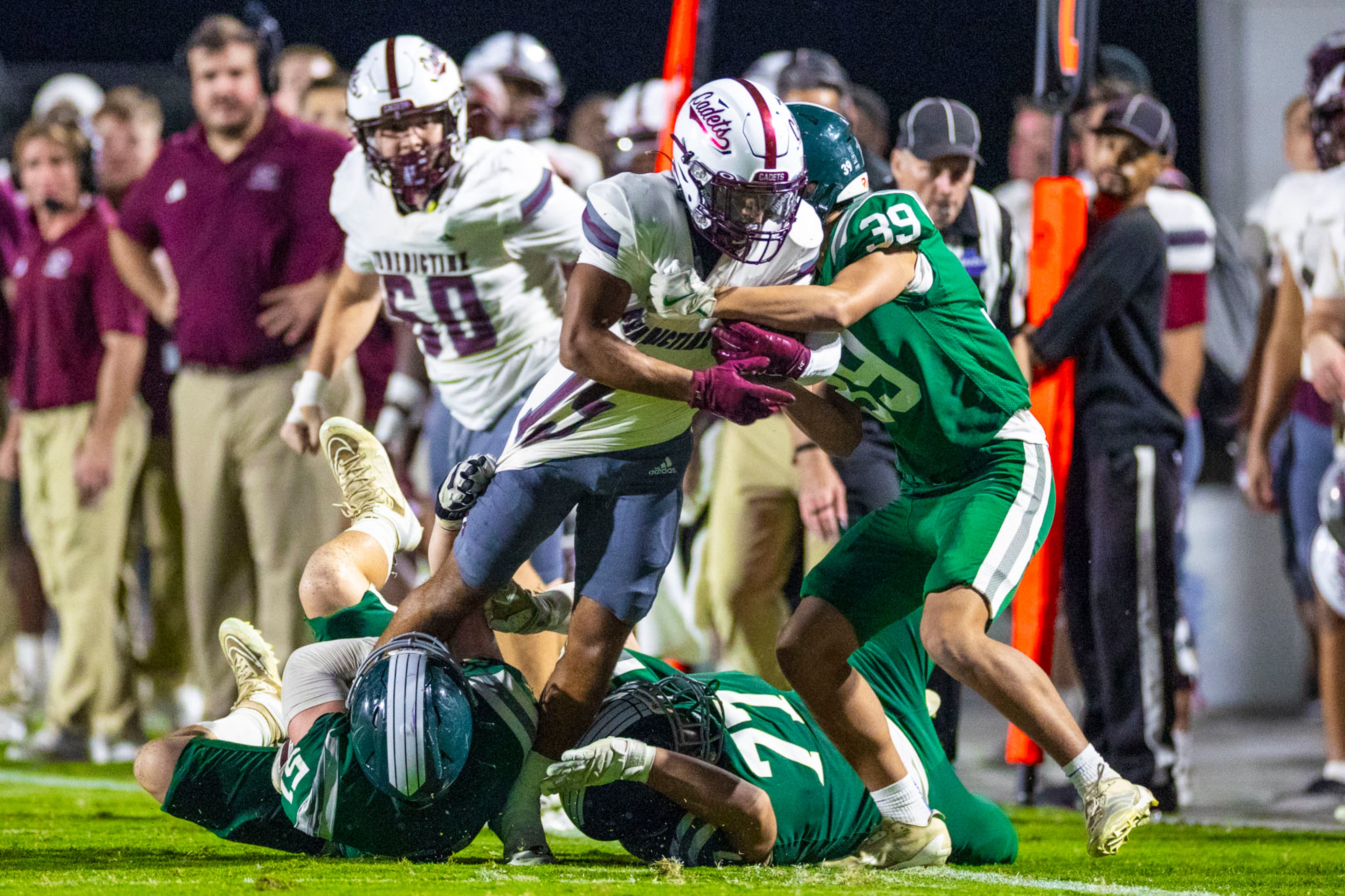 Benedictine slotback Stewart Dunn (15) gets taken down against Westminster at Fritz Orr Field in Atlanta, GA on Friday, Sept. 19th, 2025. (Oscar Guevara Saenz for the AJC)