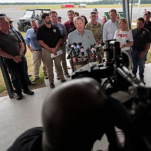 Gov. Brian Kemp speaks about the fires in southeast Georgia on Friday, April 24, 2026, in Waycross. A fire near the Florida-Georgia line had burned nearly 30,000 acres by April 23, writes guest columnist Zachary Handlos. (Mike Stewart/AP)