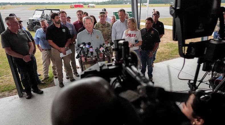 Gov. Brian Kemp speaks about the fires in southeast Georgia on Friday, April 24, 2026, in Waycross. A fire near the Florida-Georgia line had burned nearly 30,000 acres by April 23, writes guest columnist Zachary Handlos. (Mike Stewart/AP)