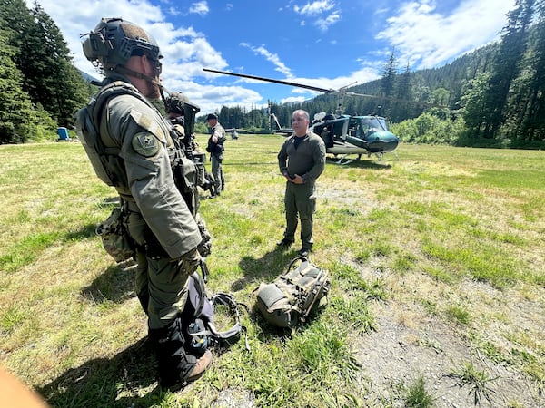 In this handout photo provided by the Snohomish County Sheriff's Office deputies participate in the search for Travis Decker, at an undisclosed location in Washington state, Friday, June 6, 2025. (Snohomish County Sheriff's Office photo via AP)