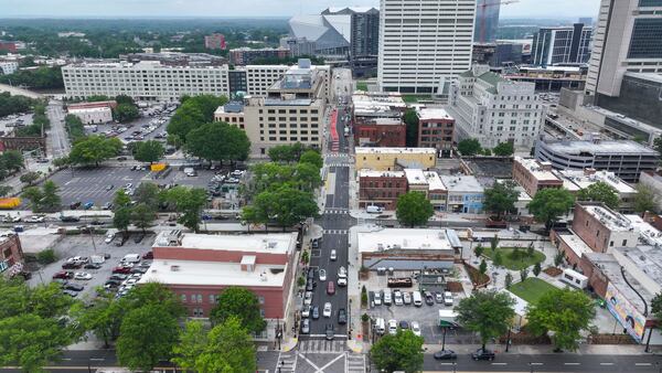 An aerial image shows South Downtown, an area where numerous businesses are being revitalized across 16 acres and more than 50 buildings. (Miguel Martinez/AJC)