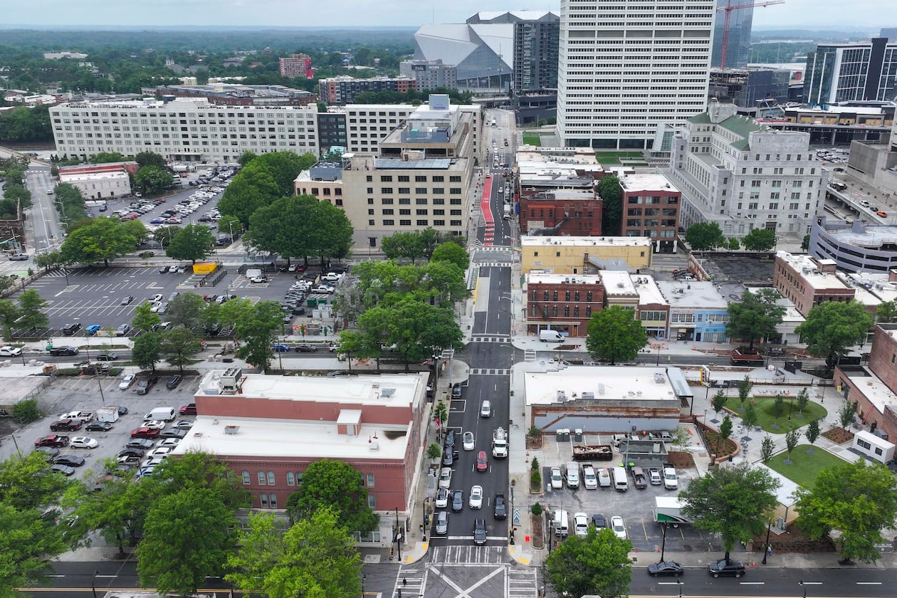 An aerial image shows South Downtown, an area where numerous local businesses are being revitalized across 16 acres and more than 50 buildings. This project represents the largest collection of historic real estate assets in Atlanta, making it one of the most ambitious downtown initiatives. (Miguel Martinez/AJC)