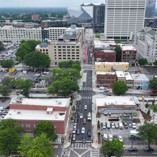 An aerial image shows South Downtown, an area where numerous local businesses are being revitalized across 16 acres and more than 50 buildings. This project represents the largest collection of historic real estate assets in Atlanta, making it one of the most ambitious downtown initiatives. (Miguel Martinez/AJC)