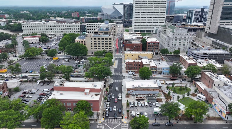 An aerial image shows South Downtown, an area where numerous local businesses are being revitalized across 16 acres and more than 50 buildings. This project represents the largest collection of historic real estate assets in Atlanta, making it one of the most ambitious downtown initiatives. (Miguel Martinez/AJC)