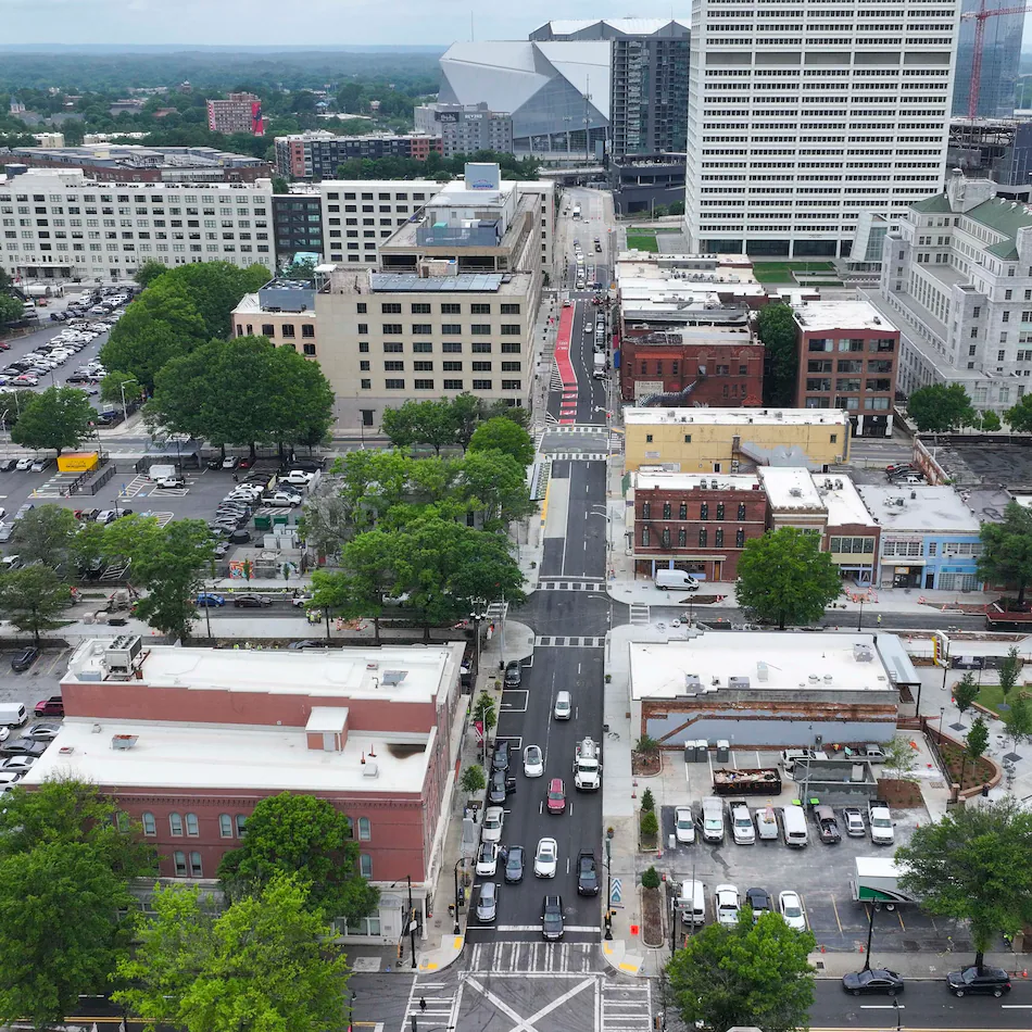 An aerial image shows South Downtown, an area where numerous businesses are being revitalized across 16 acres and more than 50 buildings. (Miguel Martinez/AJC)
