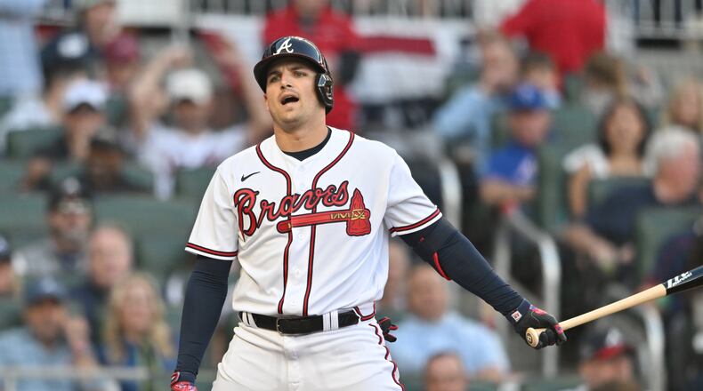 Atlanta Braves third baseman Austin Riley reacts to striking out in first inning of Game 1 of the NLDS at Truist Park in Atlanta, Saturday, October 7, 2023. (Hyosub Shin / Hyosub.Shin@ajc.com)