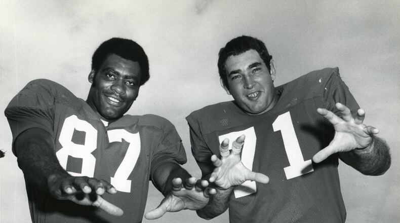 Claude Humphrey (left) and John Zook gave the Falcons a strong pass rush in the 1970s.