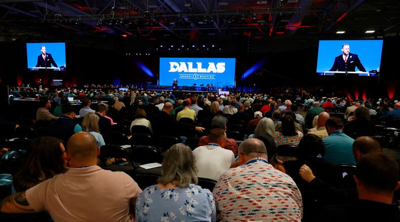 FILE - Messengers attending the Southern Baptist Convention listen to remarks by president Clint Pressley during the 2025 SBC Annual Meeting, June 10, 2025, in Dallas. (AP Photo/Richard W. Rodriguez, File)