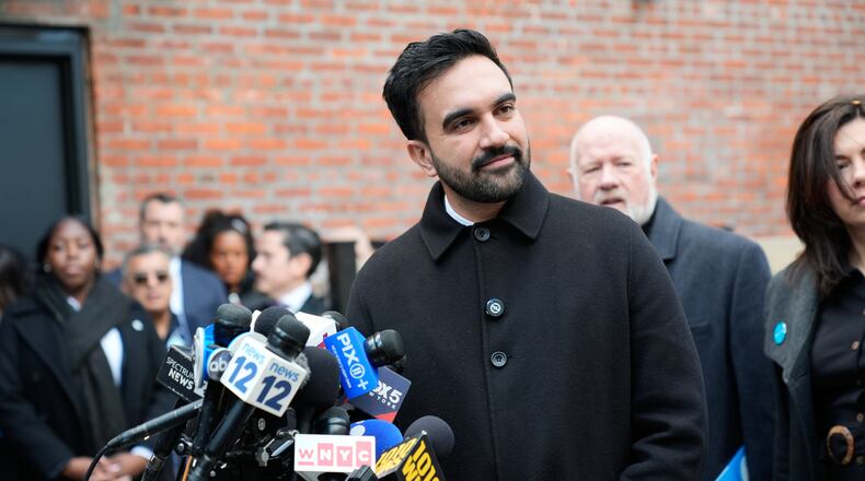 New York City mayor-elect Zohran Mamdani talks to reporters at a news conference in New York, Monday, Nov. 17, 2025. (AP Photo/Seth Wenig)