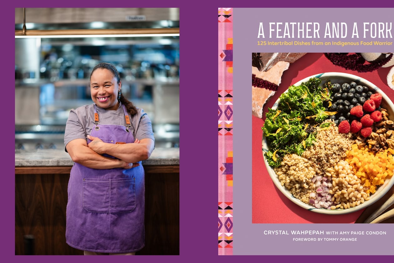 Two vertical images next to each other on a purple background, from left: A woman chef in an apron stands in front of a kitchen counter facing the camera, smiling with her arms crossed, and The cover of cookbook A Feather and a Fork.
