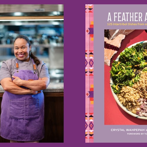 Two vertical images next to each other on a purple background, from left: A woman chef in an apron stands in front of a kitchen counter facing the camera, smiling with her arms crossed, and The cover of cookbook A Feather and a Fork.