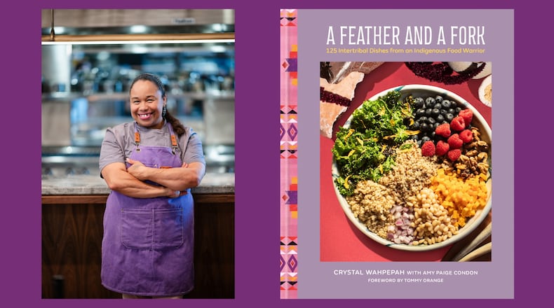Two vertical images next to each other on a purple background, from left: A woman chef in an apron stands in front of a kitchen counter facing the camera, smiling with her arms crossed, and The cover of cookbook A Feather and a Fork.