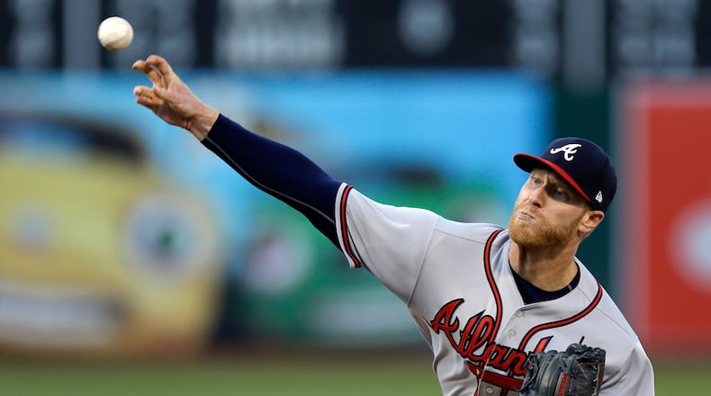 Braves pitcher Mike Foltynewicz works against the Oakland Athletics on Friday, June 30, 2017, in Oakland, Calif. (AP Photo/Ben Margot)