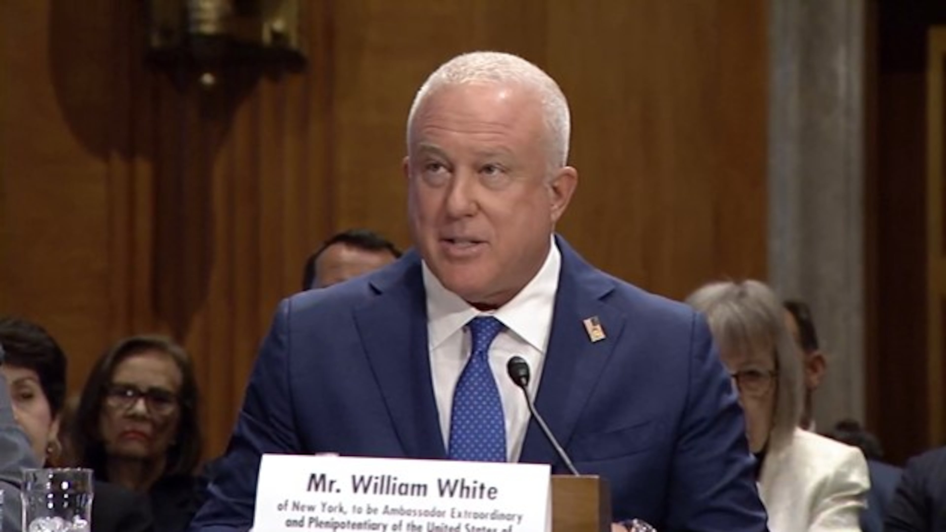 Bill White, President Trump's nominee to be the ambassador to Belgium, appears in a screenshot from his testimony before the Senate Foreign Relations Committee on July 22, 2025.