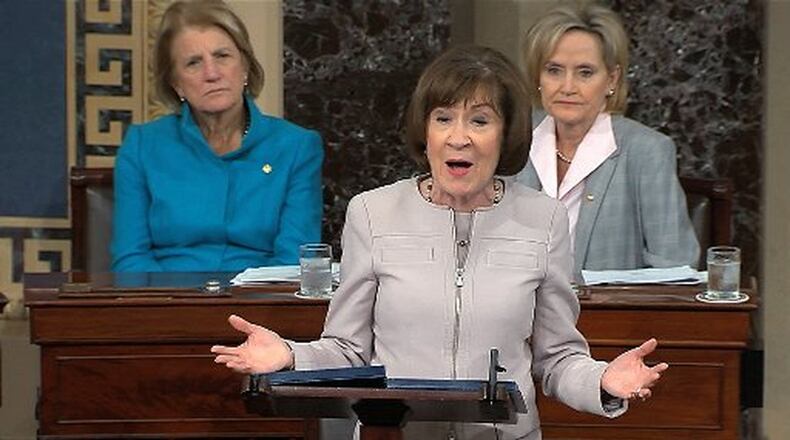 In this image from video provided by Senate TV, Sen. Susan Collins, R-Maine, speaks on the Senate floor about her vote on Supreme Court nominee Judge Brett Kavanaugh on Oct. 5, 2018, in the Capitol in Washington. Sitting behind her are Sen. Shelley Capito (left), R-W.Va., and Sen. Cindy Hyde-Smith (right), R-Miss. SENATE TV VIA AP
