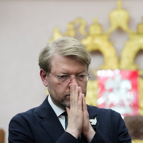 Yabloko party leader Nikolai Rybakov stands after a hearing on a lawsuit to bar the party from the upcoming parliamentary elections, at the Russia's Supreme Court, in Moscow, Monday, Aug. 10, 2026. (AP Photo/Pavel Bednyakov)