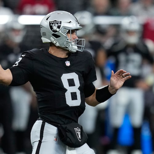 Las Vegas Raiders quarterback Kirk Cousins (8) throws during the first half of an NFL preseason football game against the San Francisco 49ers, Thursday, Aug. 27, 2026}, in Las Vegas. (AP Photo/John Locher)