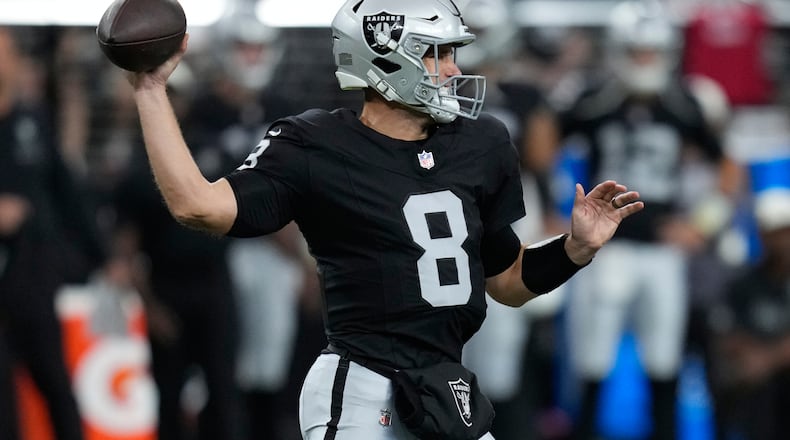 Las Vegas Raiders quarterback Kirk Cousins (8) throws during the first half of an NFL preseason football game against the San Francisco 49ers, Thursday, Aug. 27, 2026}, in Las Vegas. (AP Photo/John Locher)