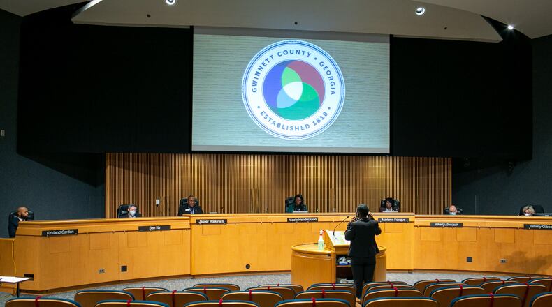 Tiffany P. Porter, Tax Commissioner of Gwinnett County, speaks to the Gwinnett Board of Commissioners during a meeting in Lawrenceville, Georgia, on Tuesday, January 19, 2021. Gwinnett Tax Commissioner Tiffany P. Porter proposed charging special tax collection fees to cities that would nearly double her salary. A new bill passed by the state Legislature could prevent her from doing so. (Rebecca Wright for the Atlanta Journal-Constitution)