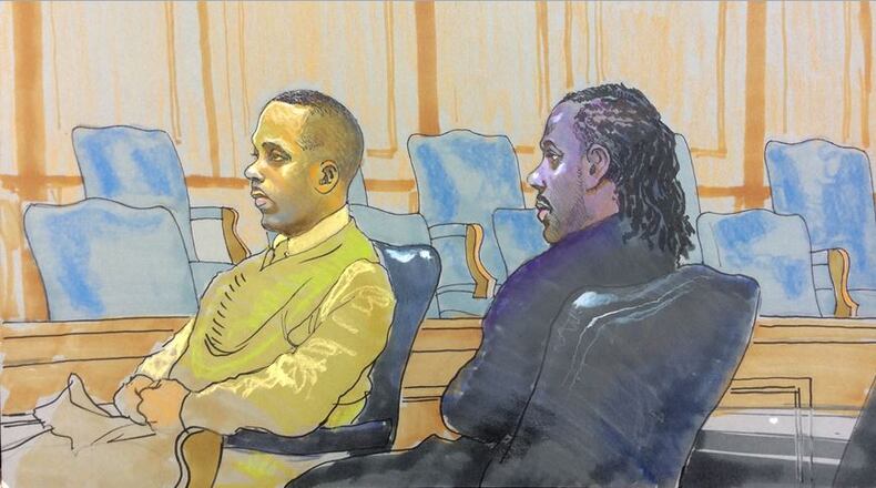 A sketch of plaintiffs Dennis Reynolds (left) and Jack Lowe, who were in federal court Wednesday, June 17, 2015. They were awaiting a jury’s decision on damages in their lawsuit against an East Point trucking company that demanded their DNA. (RICHARD MILLER/SPECIAL)