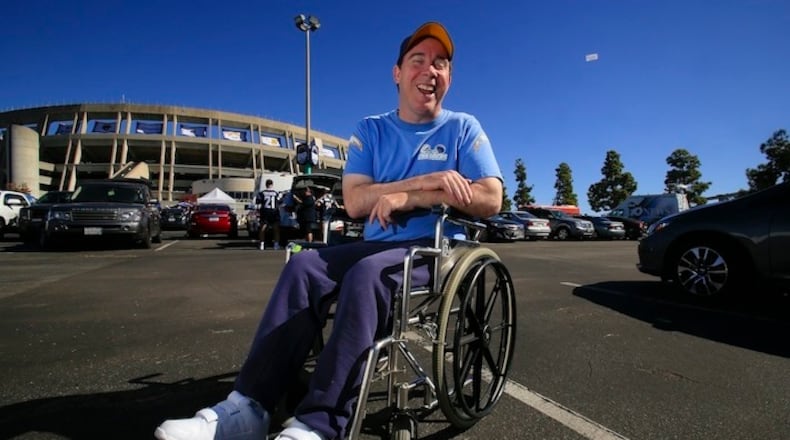 Super fan Brian Gushue at Qualcomm Stadium in San Diego on November 24, 2015. On Monday night in Green Bay, Wis., Gushue attended his 500th NFL game, a 30-17 win by the Detroit Lions. (Nelvin C. Cepeda/San Diego Union-Tribune/TNS)