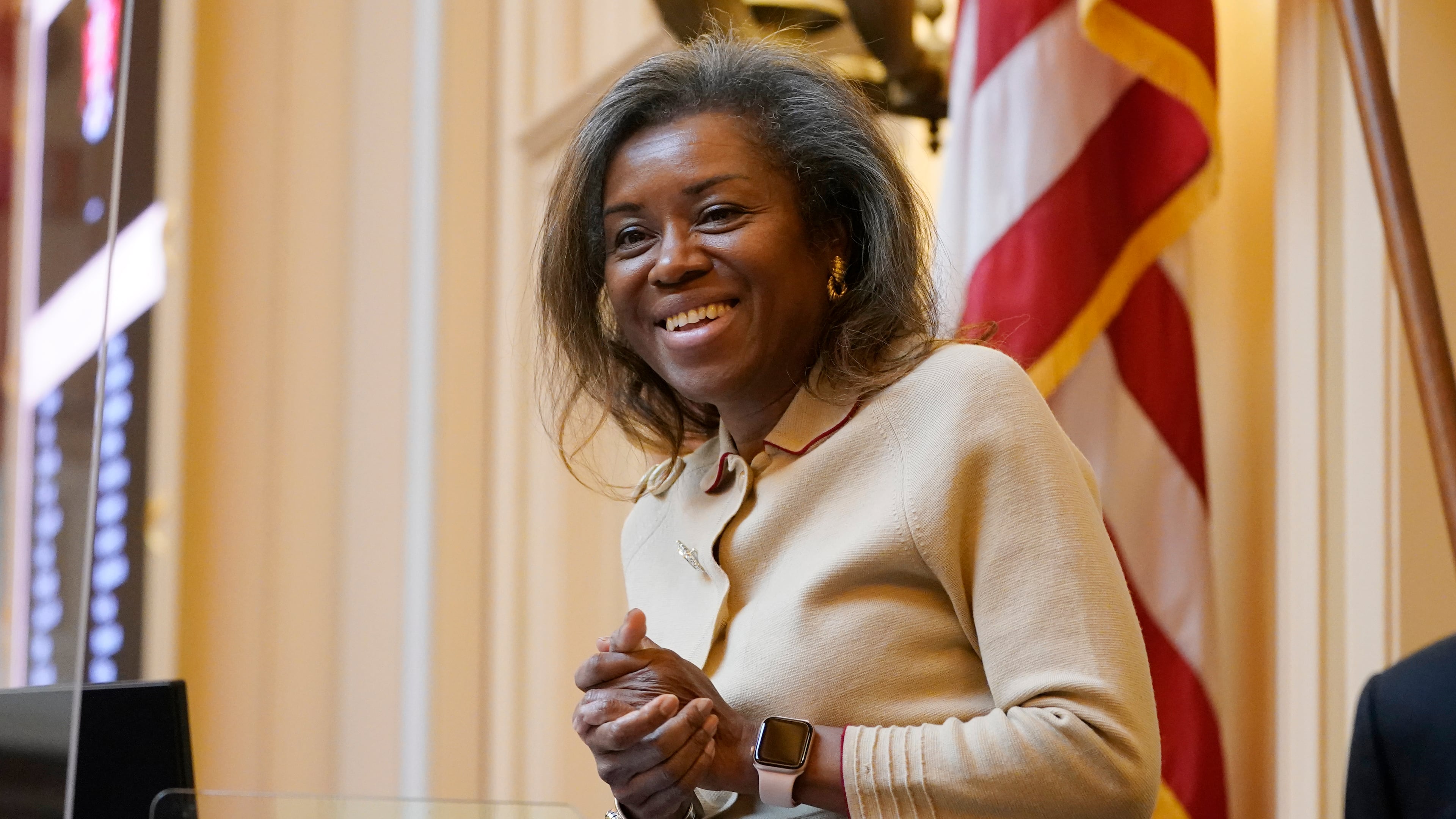 FILE - Virginia Lt. Gov. Winsome Earle-Sears greets visitors prior to the start of the Senate Session at the Virginia Capitol, Jan. 25, 2022, in Richmond, Va. (AP Photo/Steve Helber, File)